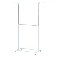 2 Tier Adjustable Chrome Rolling Garment Rack with Silver Metal and White Rod US 2