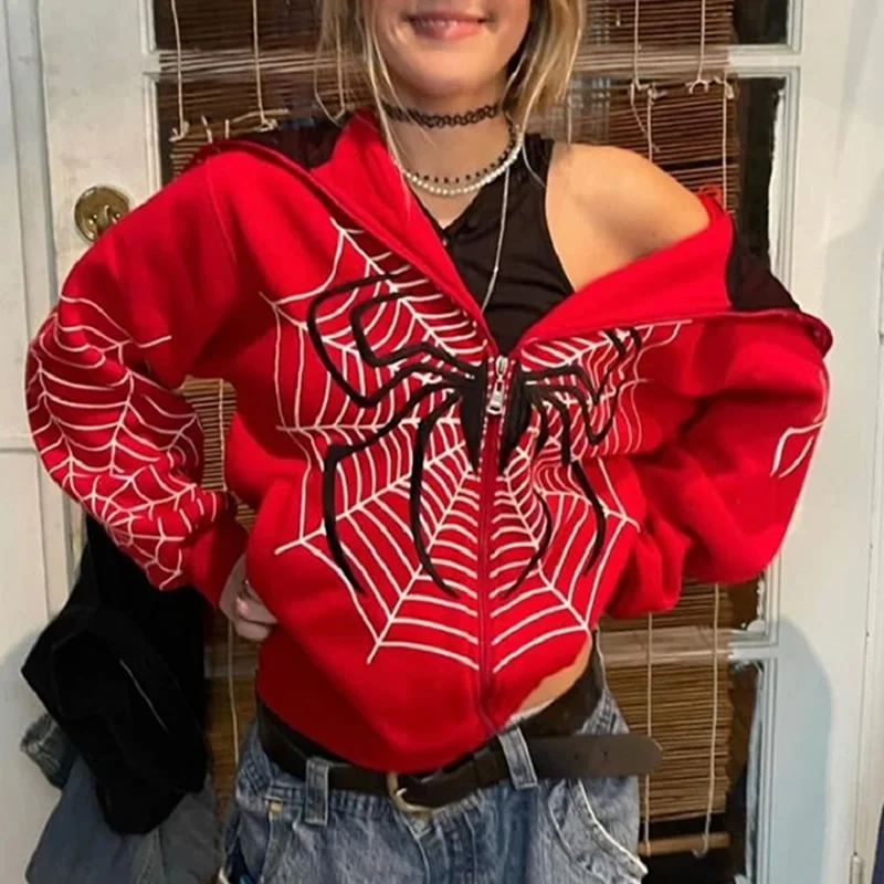 Y2k Emo Women Streetwear Hoodie Spider Web Red Zip Up Hoodies Grunge  Oversized Sweatshirt Gothic Harajuku Alt Jackets Clothes - Hoodies u0026  Sweatshirts - AliExpress