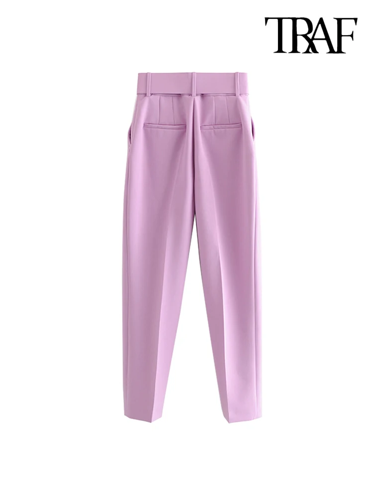 TRAF-Women's High Waist Zipper Fly Ankle Trousers with Belt, Office Wear Pants, Side Pockets, Female Fashion