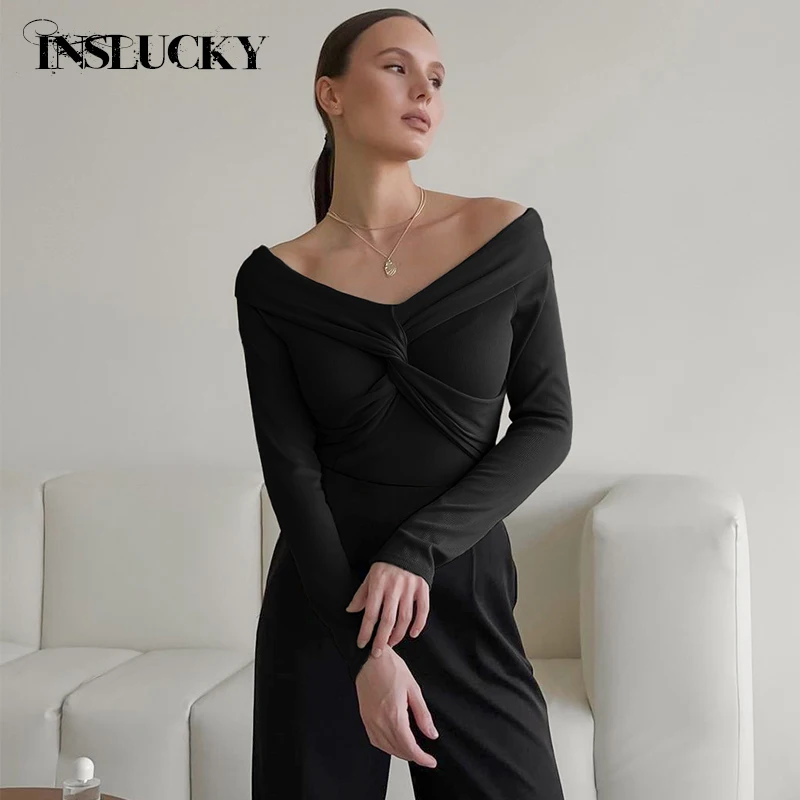

InsLucky Sexy Simple Design Chic Slim Tight V-Neck T Shirt Women Long Sleeve Solid Elegant Knitting Elasticity Tees Autumn 2024