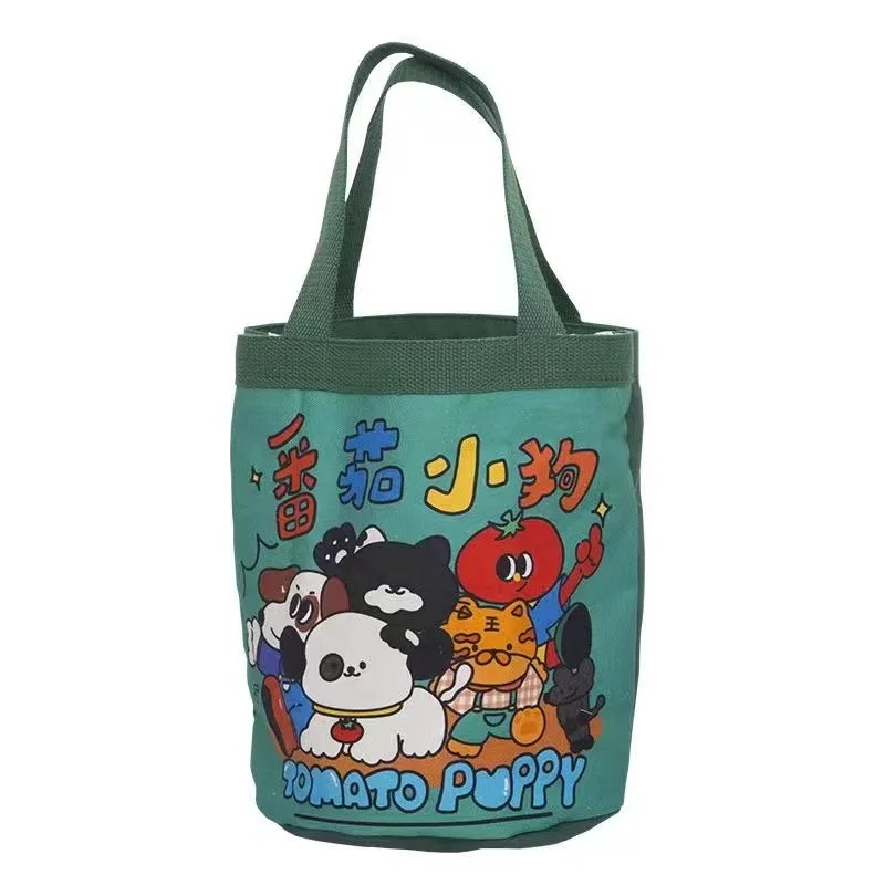 Doodle-Print Canvas Bucket Bag &ndash; Cute Ins-Foodie Cylinder Tote for Girls Korean Style Lunch Box Carrier & Mommy Bag