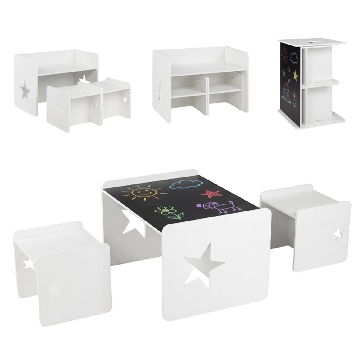 Kids Table and 2 Chairs Set with Chalkboard, Multi-Purpose Toddler Activity Table for Drawing, Eating & Studying