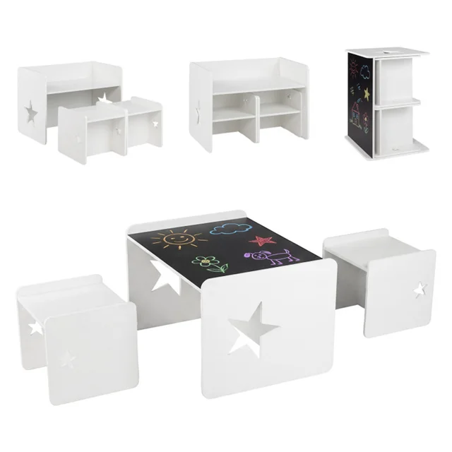 Kids Table and 2 Chairs Set with Chalkboard, Multi-Purpose Toddler Activity Table for Drawing, Eating & Studying