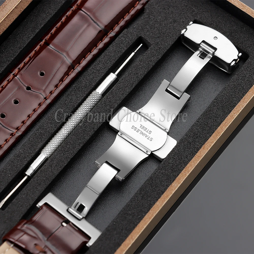 Elegant Leather Watch Strap with Metal Butterfly Clasp and Wooden Box (14mm-22mm)