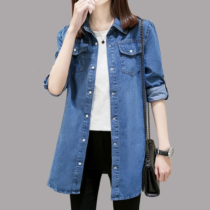 

Women Denim Shirts Loose Long Sleeve Mid-Length Large Size Shirt Four Seasons Wearable Bottoming Shirt Casual Jacket