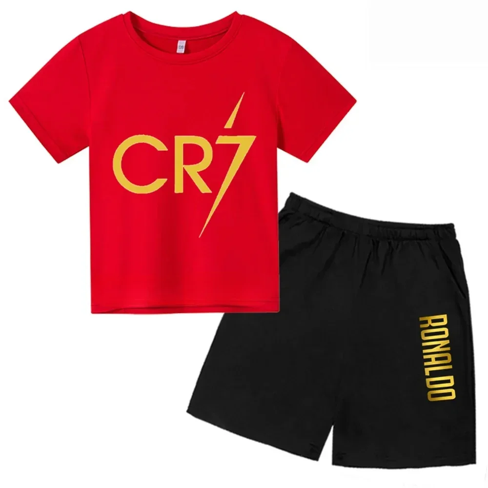 thumbnail image 1 of Conjunto de 2 piezas de camiseta y pantalones cortos con estampado de estrellas CR7 para niños y niñas de 3 a 13 años, ropa para niños, traje deportivo informal de moda Sunshine, 1 of 4