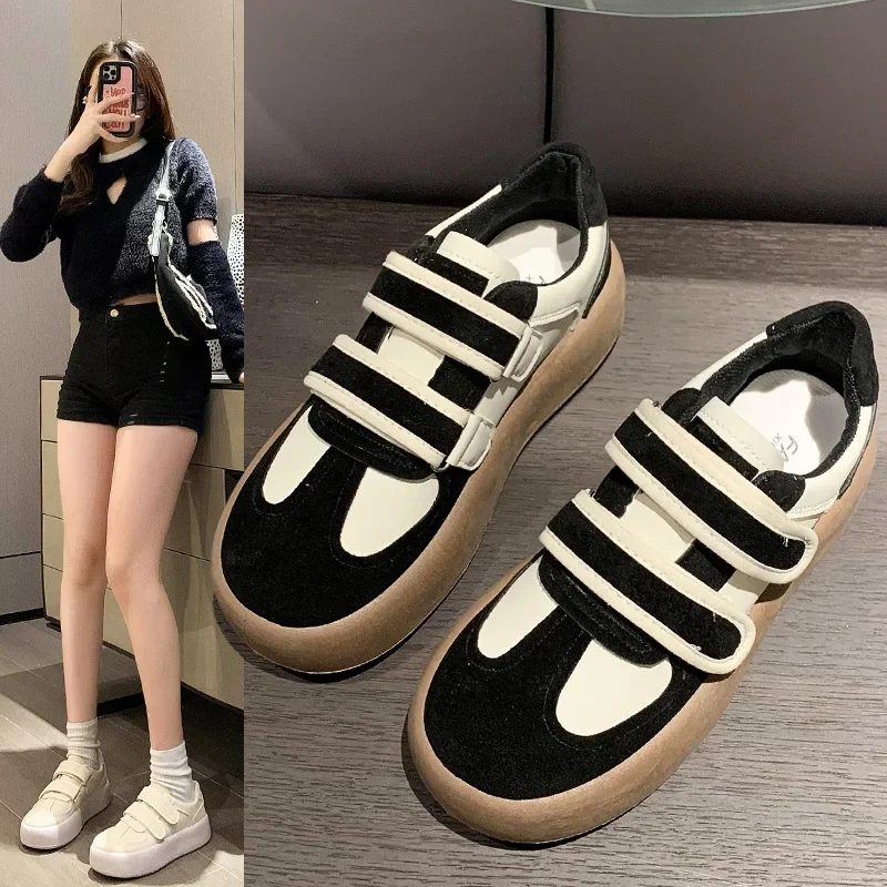 

Korean version of high-heeled thick soled travel casual shoes with round toe sports style Velcro board shoes for women