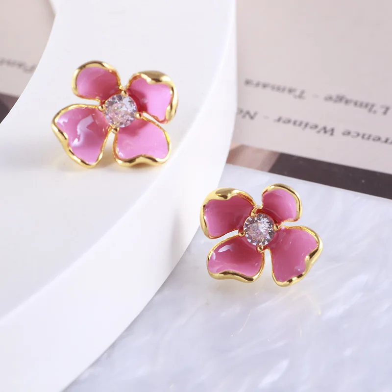 Cut Enamel Sparkling Pink Small Flowers Fresh Youthful Romantic Stud Earrings Necklace Piercing Jewelry Set Boho Trendy Korean