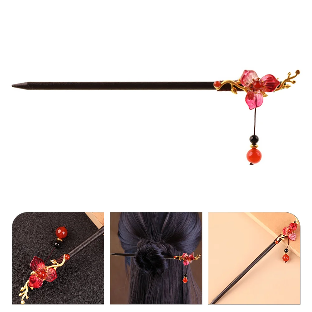

Wood Flower Hair Stick Dangle Tassel Hairpin Chinese Hair Accessory for Women and Girls