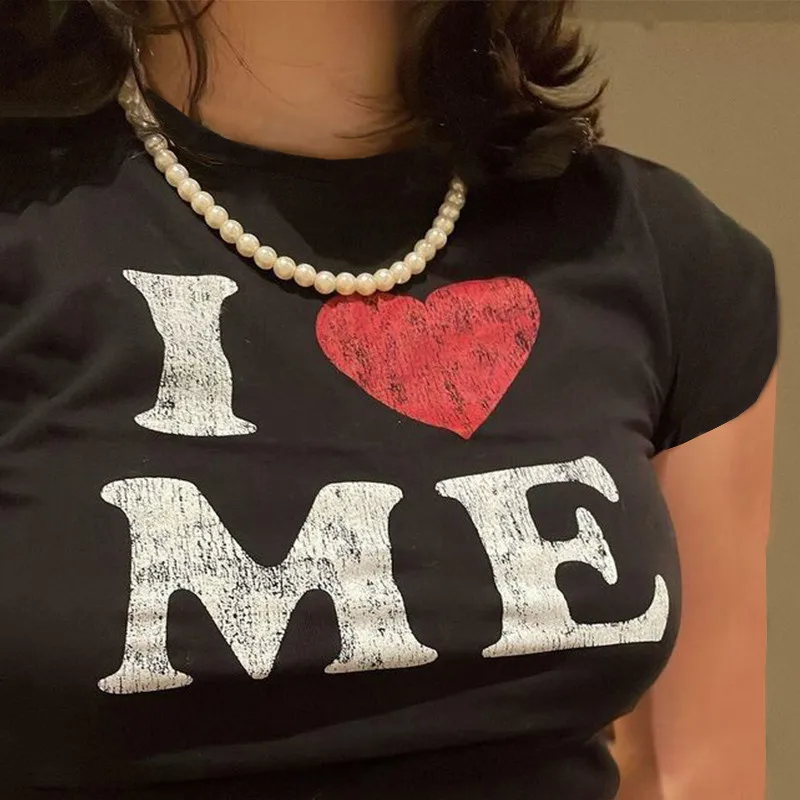 

I LOVE ME Printed Harajuku T-shirt Aesthetics Street Short Sleeve Tight Top Summer Y2K Clothing Baby T-shirt EMO Girls