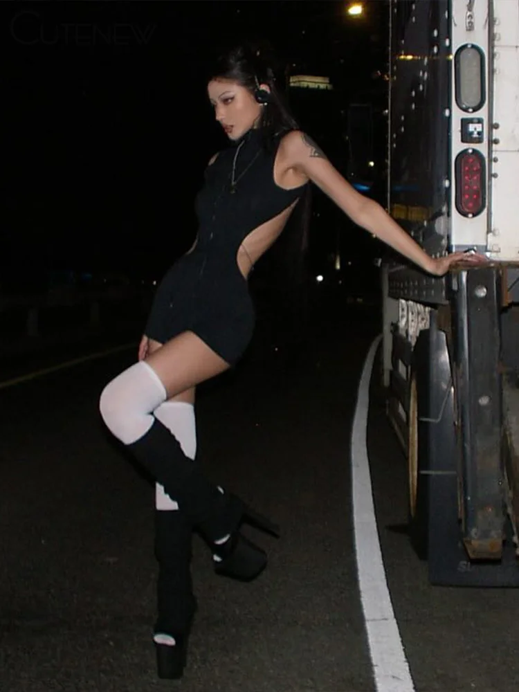 Monos sexys con espalda hueca para mujer, monos sólidos impresionantes sin mangas con cuello alto que moldean el cuerpo, ropa de calle elegante Y2K para mujer