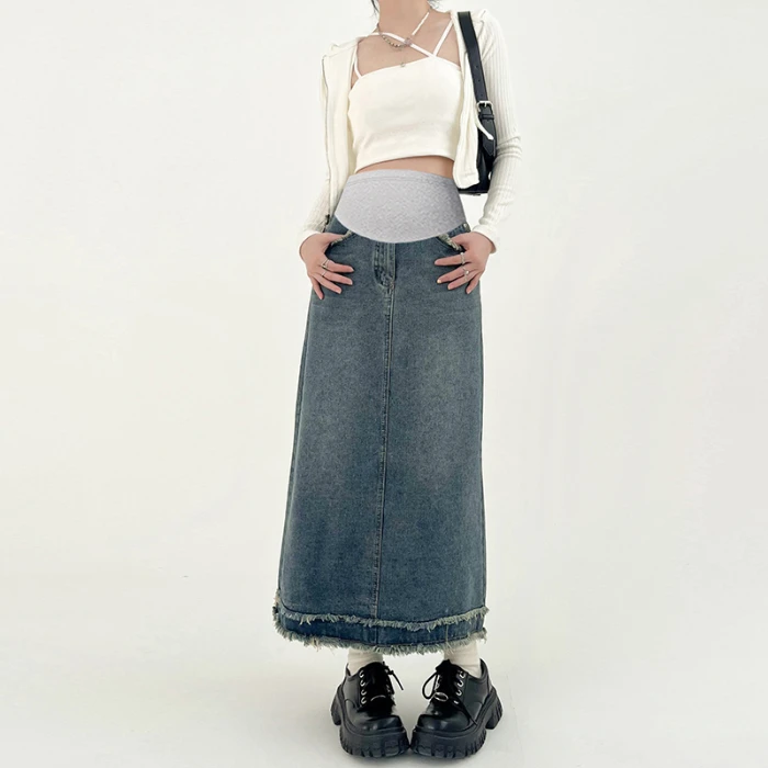 Tassel Denim Maternity Long Skirts Spring Summer Casual Pencil Skirts Clothes for Pregnant Women Pregnancy Straight Daily Wear