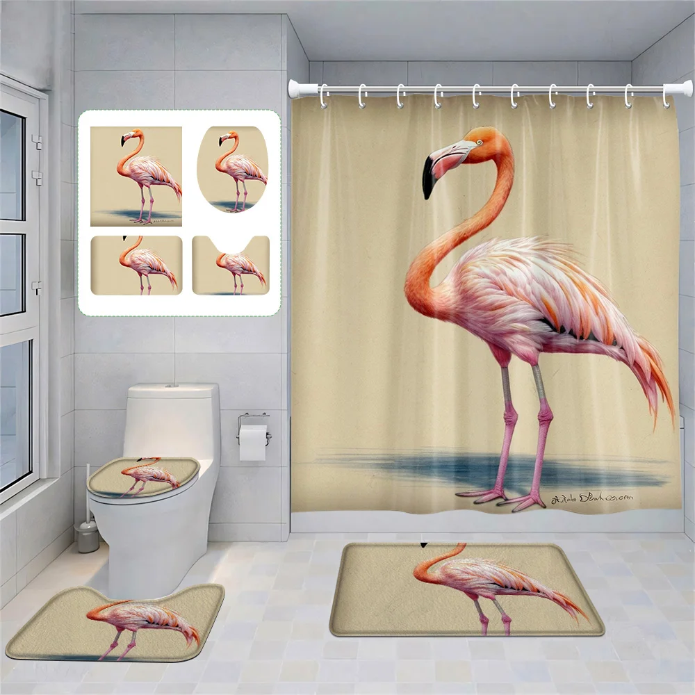 Home shower curtains bathroom Decora waterproof fabric non-slip bath mat water absorption curtain Modern aminal flamingos 4