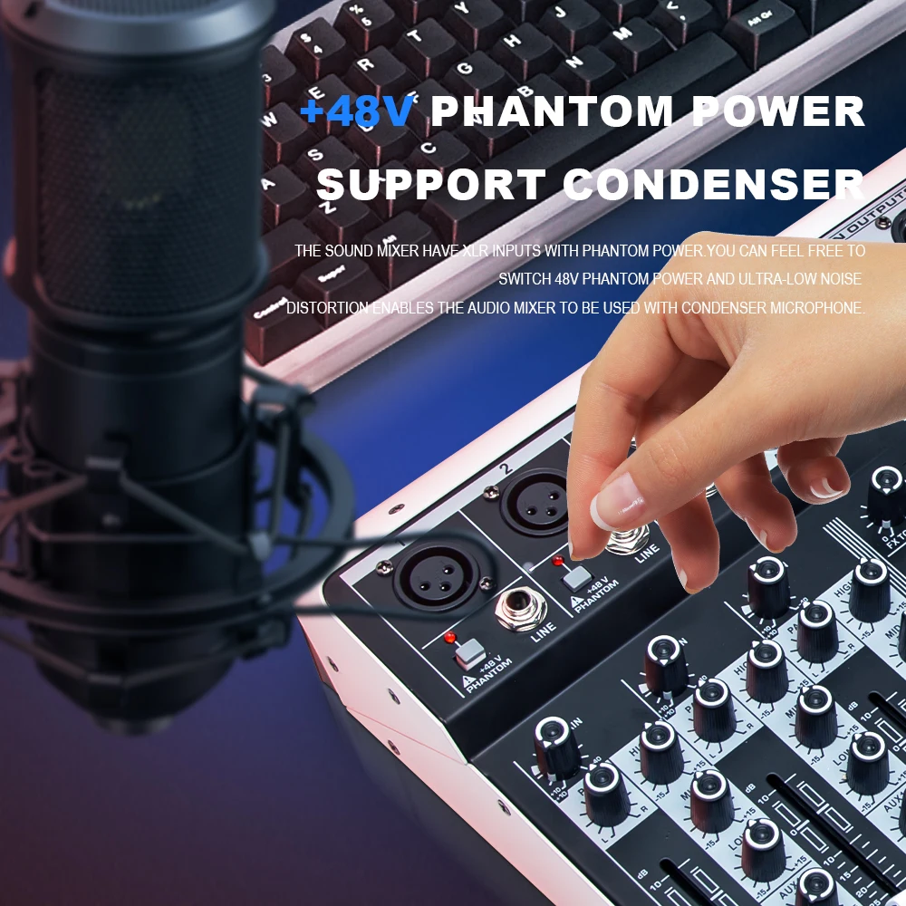 4 6 8 Channel Audio Mixer Sound Mixing Console with USB interface 99DSP 48V Phantom Power for Recording Streaming
