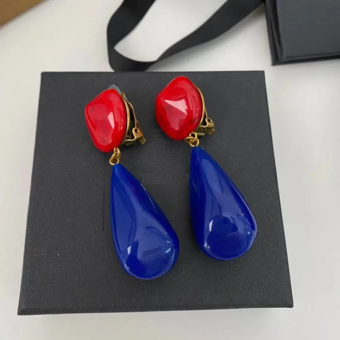 

LONDANY earrings Water Drops Red Blue Contrast Medium Ancient Ear Clips Fashionable Resin Button Earclip Earrings