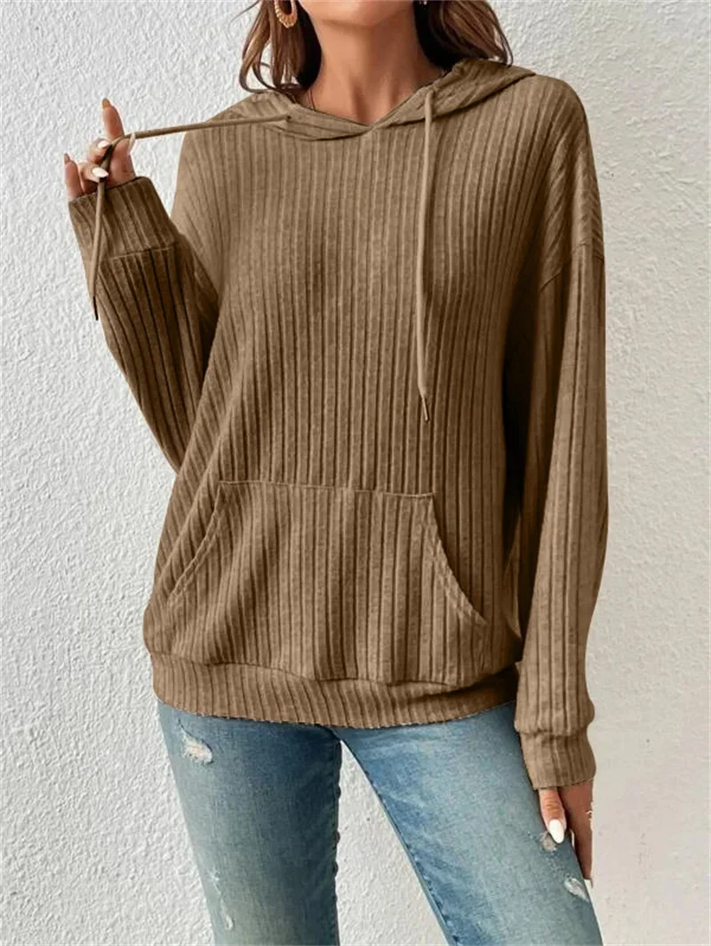 Women Kangaroo Pouch Splicing Hooded Sweatshirt Female Solid Color Knitted Pit-stripe Hoodie 2023 Autumn Winter Casual Outerwear