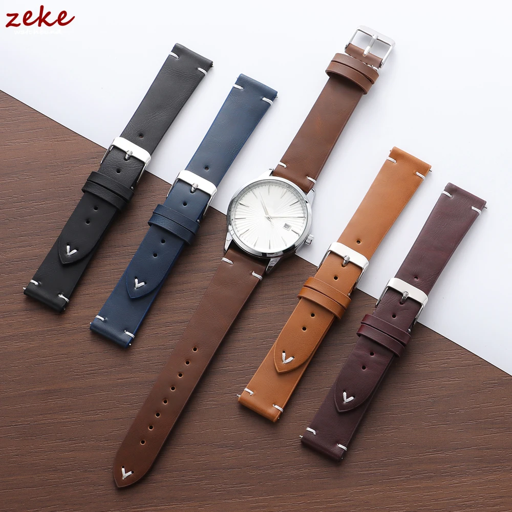 Elegant Leather Watch Strap with Metal Buckle - Universal Fit