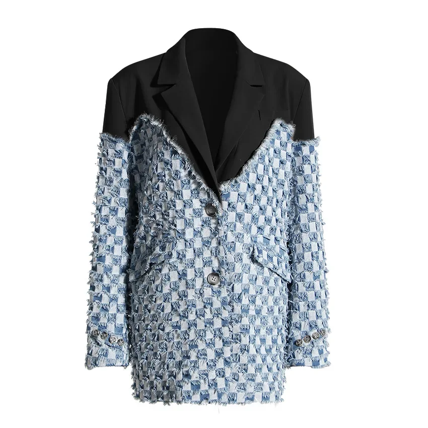 High-end Luxurious Designer Women's Wear Denim Splicing Blazer Coat Vintage Jacket Black Suit Plaid Burlap New