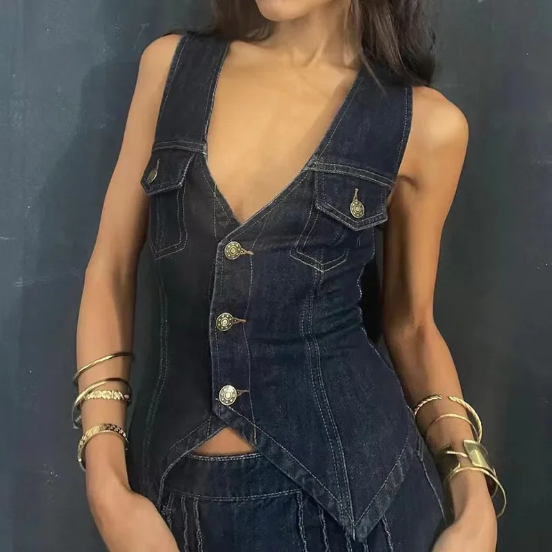 Deeptown Vintage Y2k Blue Denim Vest Women Streetwear 2024 Summer Korean Fashion Jean Sleeveless Jacket Chic and Elegant Top