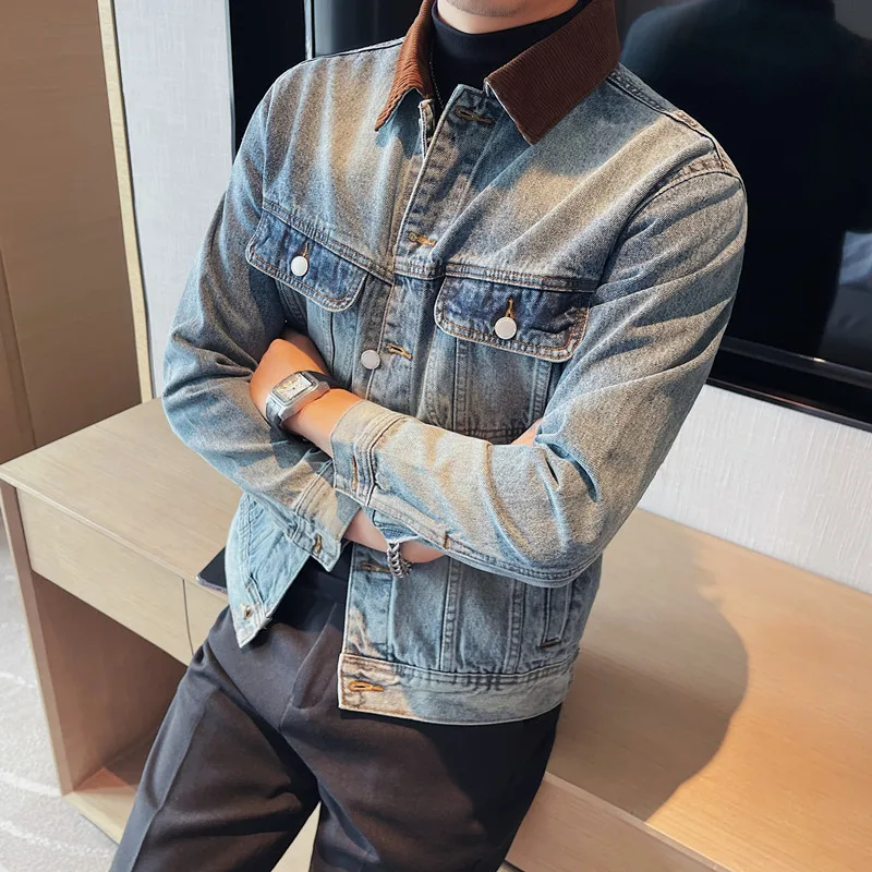 

Men's Autumn and Winter Handsome Washed Denim Jacket New Men's Casual Multi-pocket Denim Jacket Color Matching Lapel Coat Tops