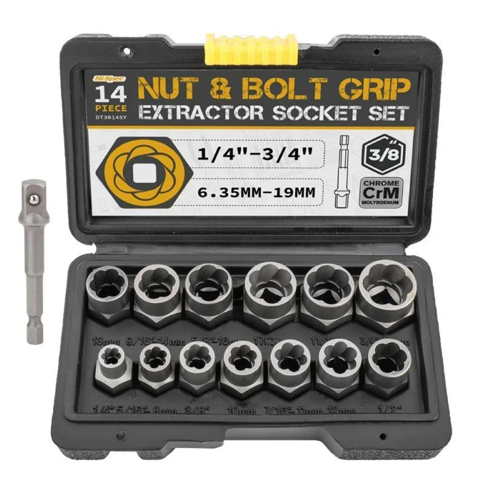 

New14pc Extraction Socket Set Impact Bolt Nut Remover Set Bolt Extractor Tool Set for Removing Damaged Bolts Nuts Screws