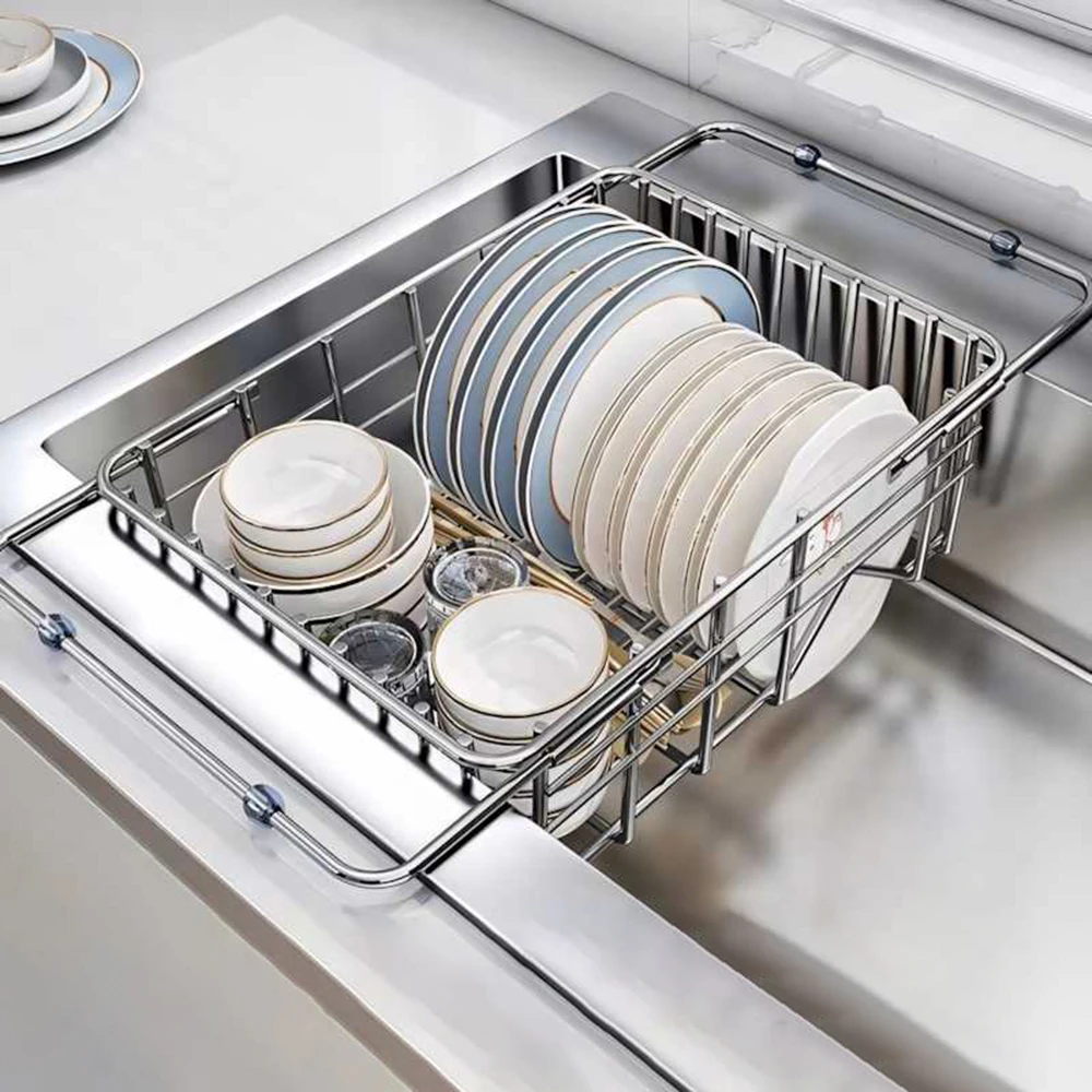 Household Stainless Steel Sink Drain Rack, Telescopic, Non-Slip, Dish Drying Rack, Kitchen, Bathroom, Countertop Organizer Rack 5