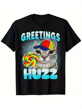 Greetings Huzz Fun Cat Meme T-Shirt Soft Breathable Crew Neck Tee with Rainbow Lollipop & Party Hat Design Women Clothing 1