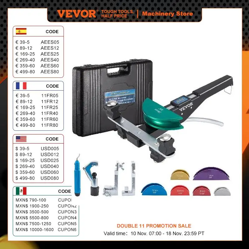Tube Bender VEVOR HVAC Refrigeration Manual Copper Ratcheting Pipe Bender Kit with 7 Dies 8-22mm 90&deg;