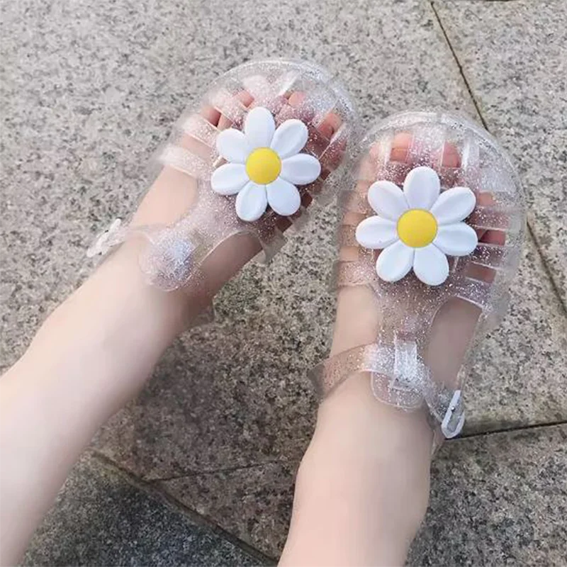 Little Girls Jelly Sandals Soft Sole Closed Toe Hollow 3D Daisy Beach Summer Shoes Princess Flat