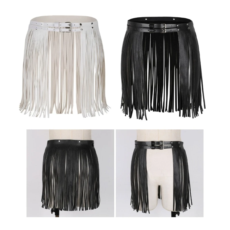 

Women Gothic Punk PU Leather Fringed Tassels Skirt Double Buckled Wide Waist Belt Waistband Skirts Party Latin Dance Costume