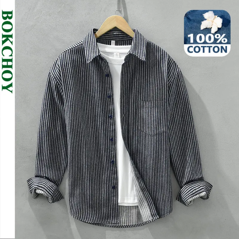 

2023 Весенние новые полосатые повседневные рубашки для мужчин, простая 100% хлопковая модная мужская одежда C2178