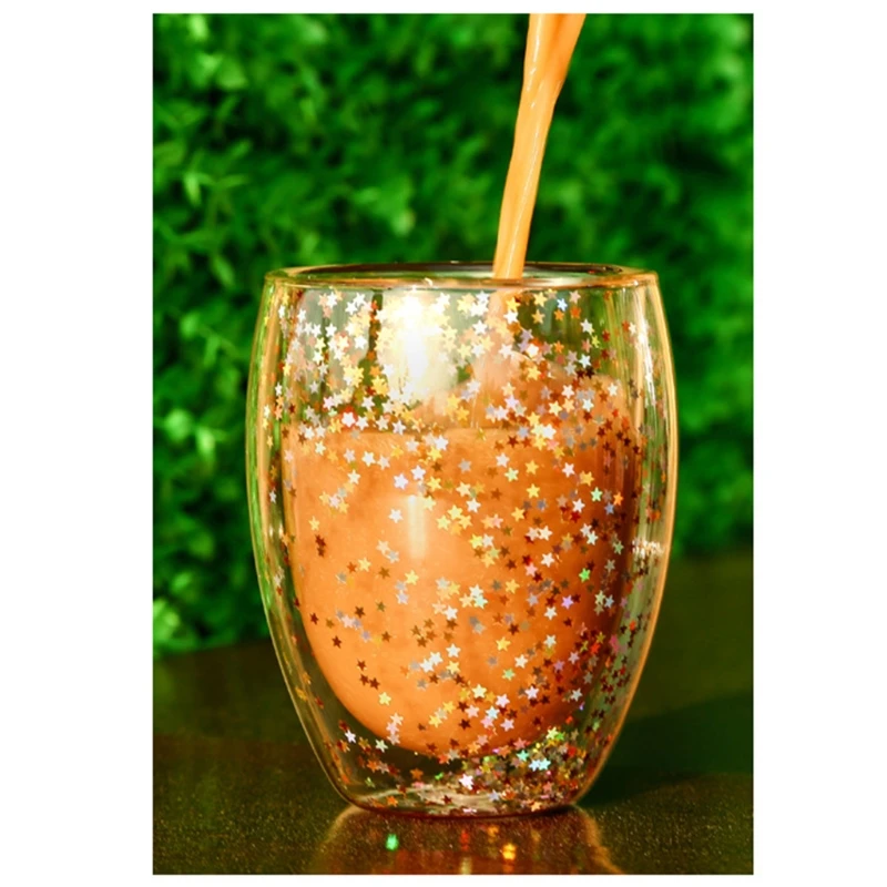 P82D for Creative Double Wall Glass Cups Sequins Star for Wish Glasses Mugs Home Party Bar Wine Cocktail Coffee Milk Glass