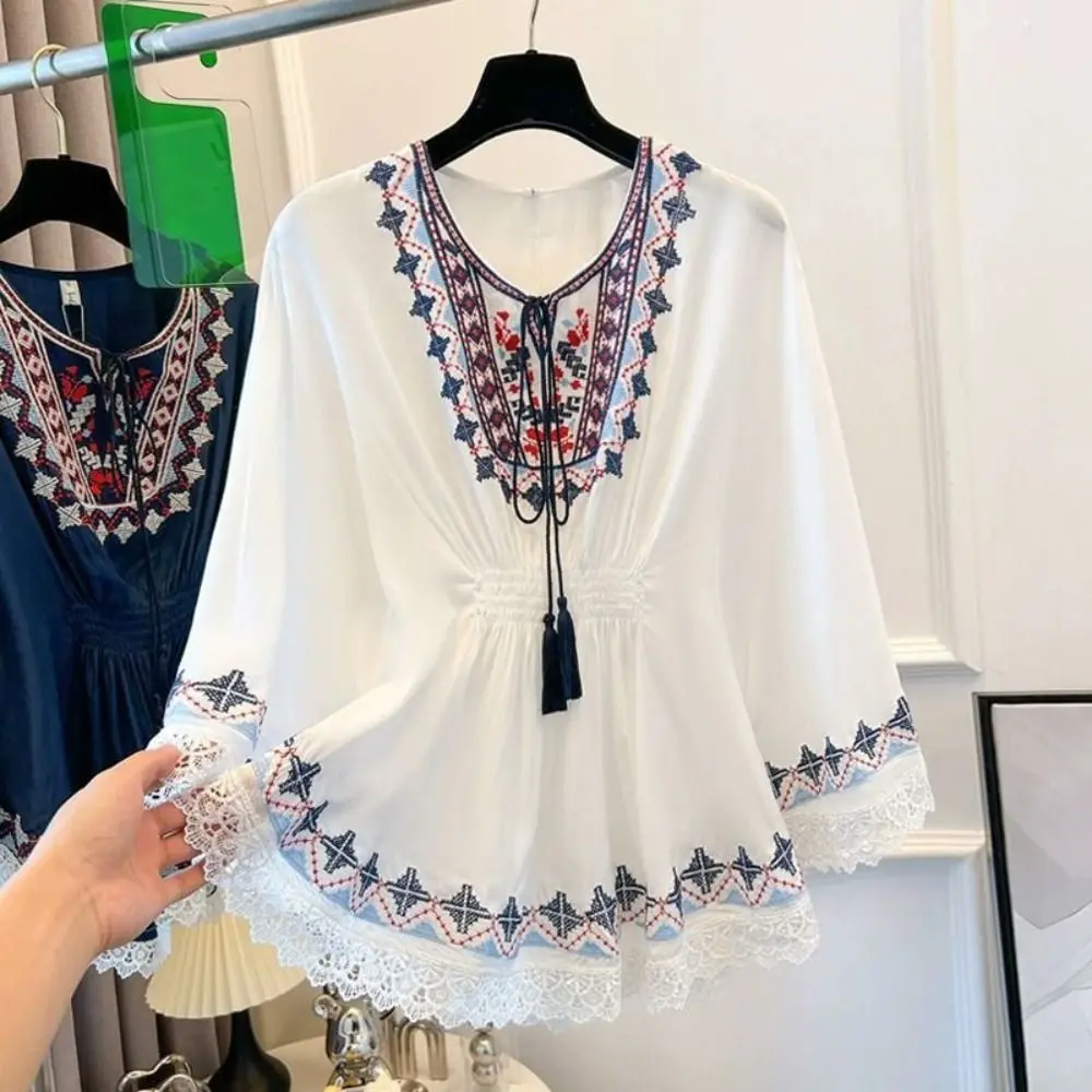 Fashion Lace-up Tassel Bohemian Style T-shirt Loose Embroidery Short Sleeve T Shirt Blouses High Waist Ethnic Style Tops Summer