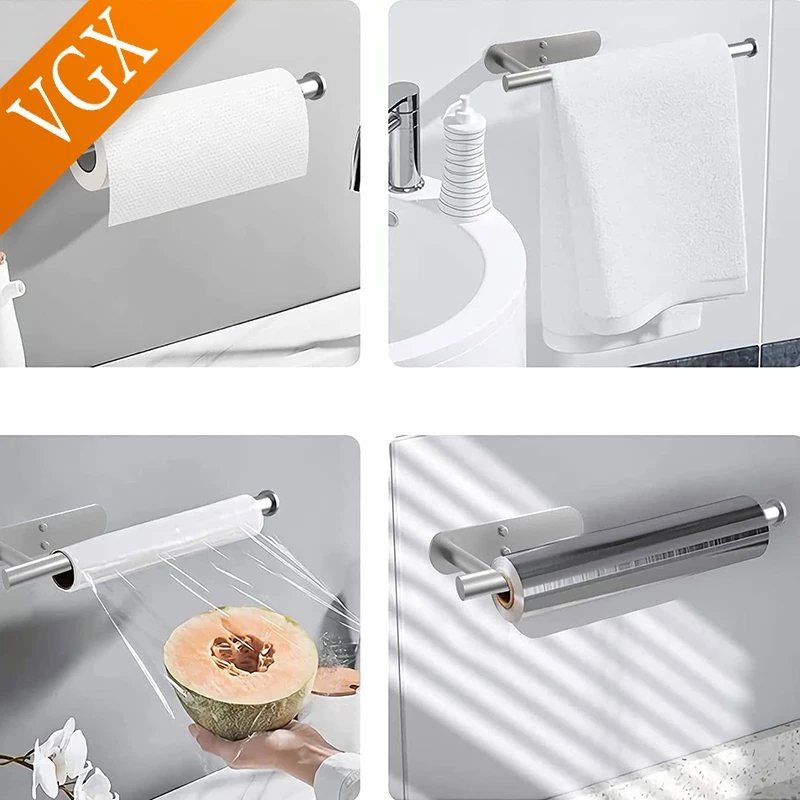 VGX Kitchen Towel Paper Holder Cling Film Holder Bathroom Roll Paper Rack Home Storage Racks Toilet Tissue Hanger Rack Nail-Free
