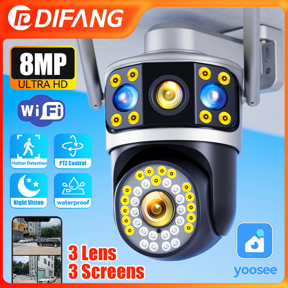 유씨 8MP 야외 PTZ 스마트 보안 카메라 3렌즈 3화면 AI 인체 자동 추적 사이렌 알람 IP 원격 감시 CCTV