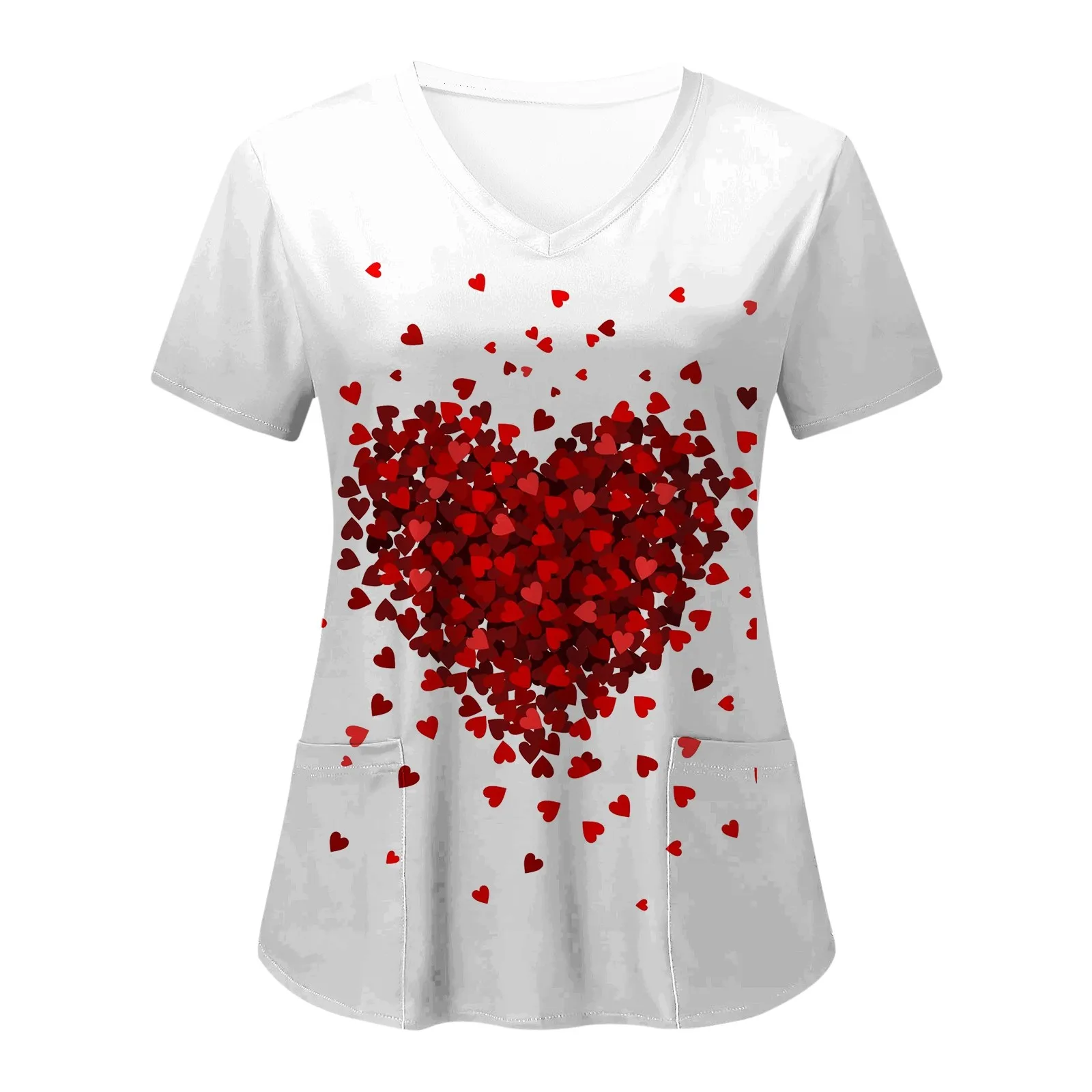 

Heart Love Print Christmas Nurse Uniform For Women Short Sleeve Tops V-Neck Blouse Pocket Pet Care Scrub Shirt Enfermera Mujer