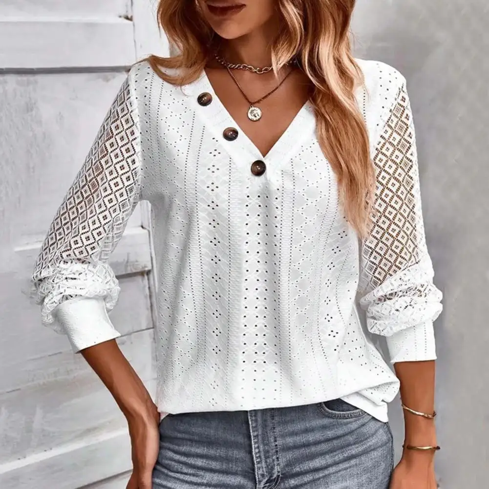

Autumn Women Top Elegant Lace V-neck Blouses for Women Breathable Soft Long Sleeve Tops with Rhombus Cutouts Button for Fall