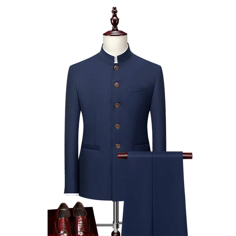 Men's Casual Business Suit Stylish Standing Collar Zhongshan Two-Piece Set Handsome Trendy Suit And Trousers Ensemble