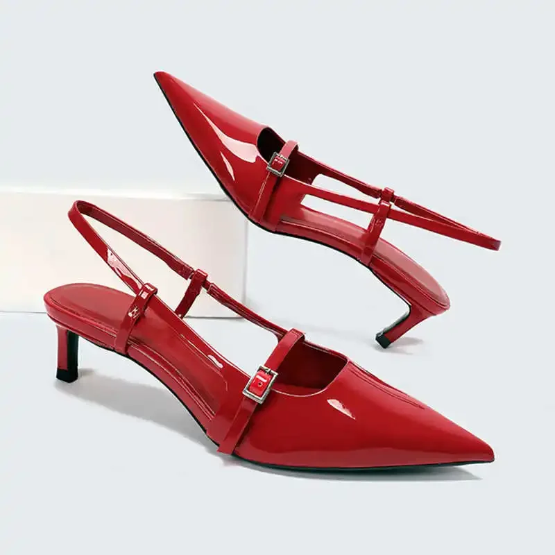 Sexy Pointed Toe Sandals Women Summer Red Thin High Heels for Women Patent Leather Back Trip Strap Mules Wedding Pumps