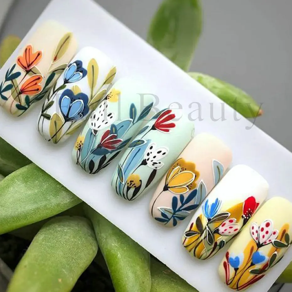 Pegatinas de Arte de uñas en relieve 5D, lirio blanco del Valle, atrapasueños de tulipán, esmalte de Gel, flor de boda, puntas deslizantes grabadas, BE5D-K