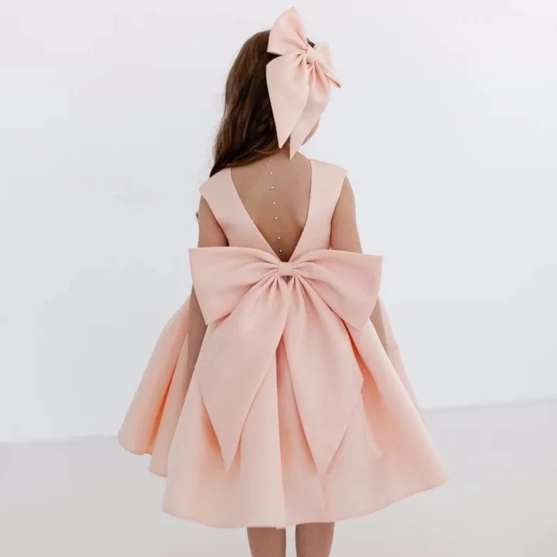 Flower Girl Dresses Orange Satin With Bow Sleeveless For Wedding Birthday Party First Communion Gowns