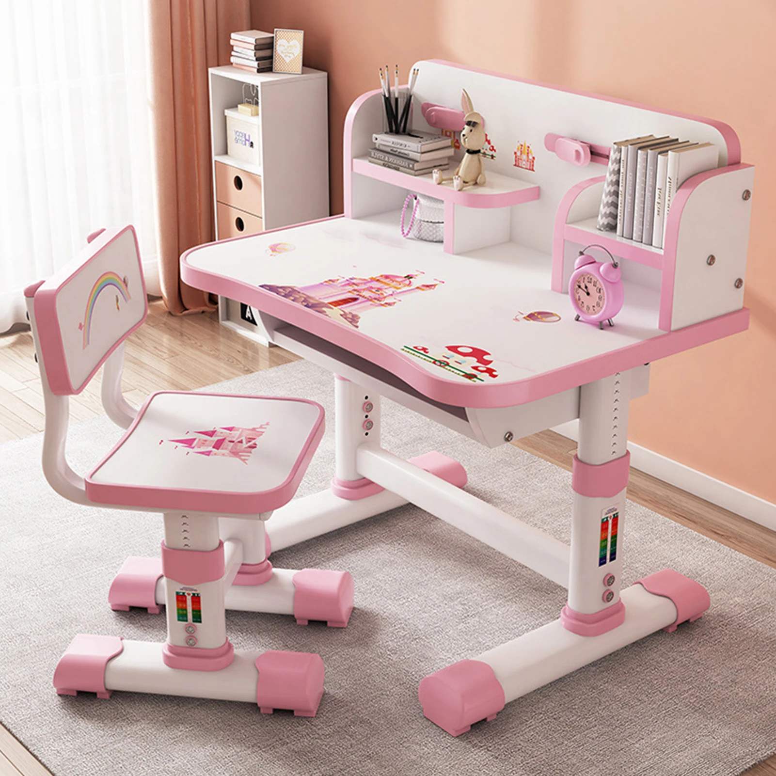 Height Adjustable Children School Study Table Chair Set with Cartoon Pattern Ergonomic Desk Chair with Large Writing Board