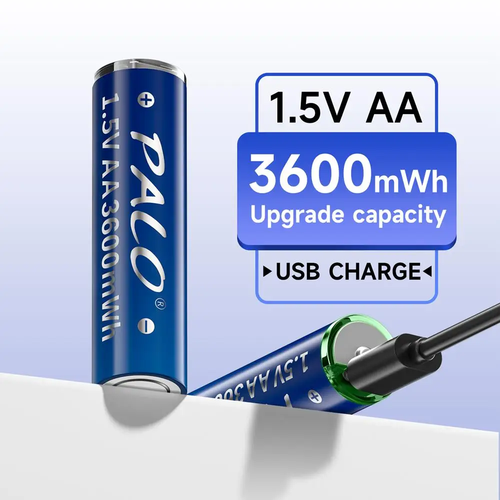 PALO High Capacity 1.5V AA 3600 MWh USB Rechargeable Li-ion Lithium Battery for Remote Control Wireless Mouse + USB Cable