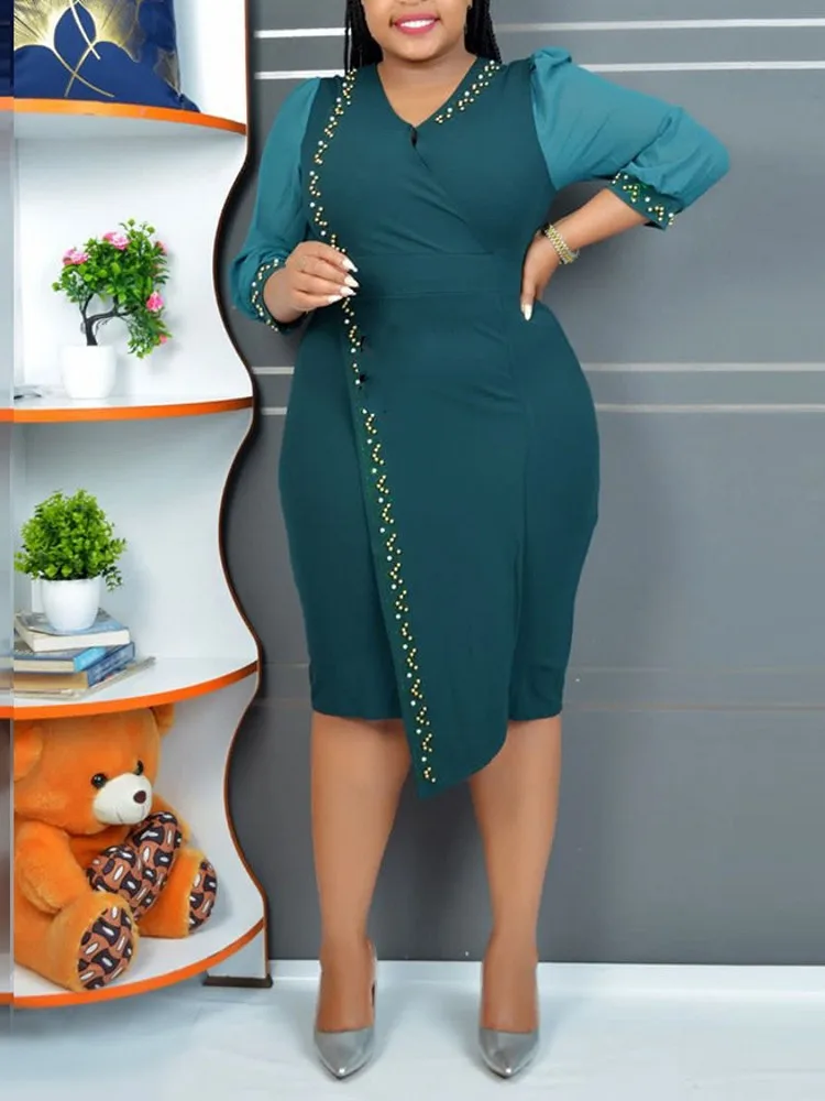 

Green African Dress For Womens Autumn Fashion V Neck Hip Wrap Dress Nigerian Africa Clothes Robe Elegant Vestido Africano
