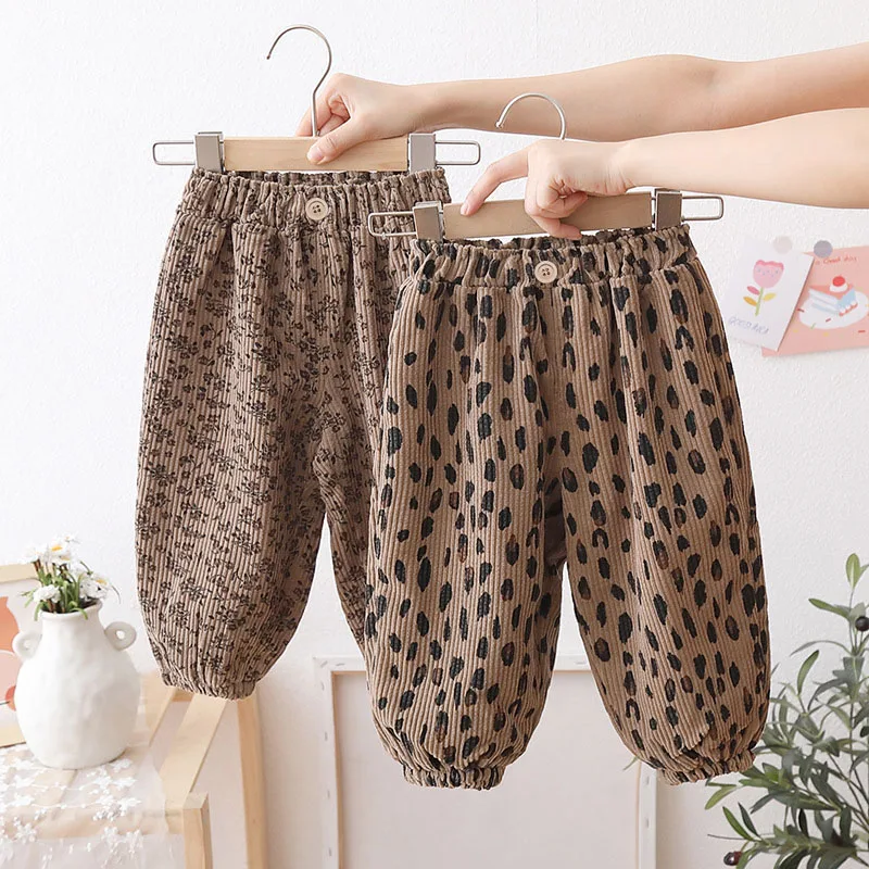 Girls Leopard Print Corduroy Pants for Autumn