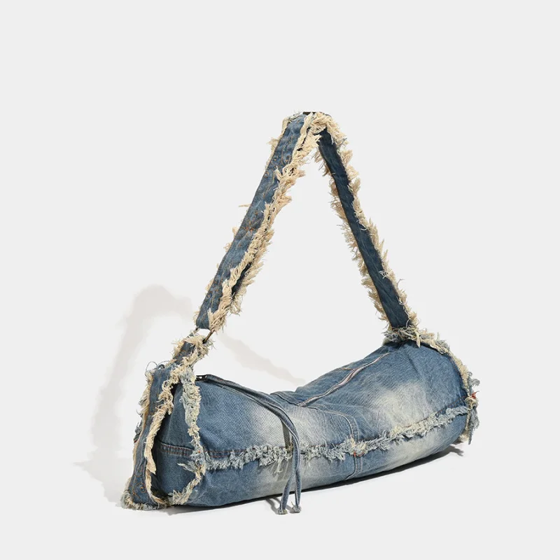 Large Capacity Washable Denim Bag with Tassels Unique Design High-end Y2k Spicy Girl Women's Crossbody Shoulder Pillow Bag