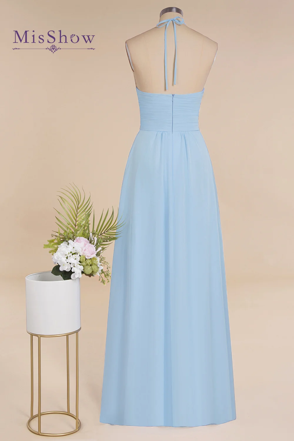 MisShow Glamorous Halter Backless Long Bridesmaid Dresses with Pleated A Line Chiffon Prom Evening Gowns For Wedding Party