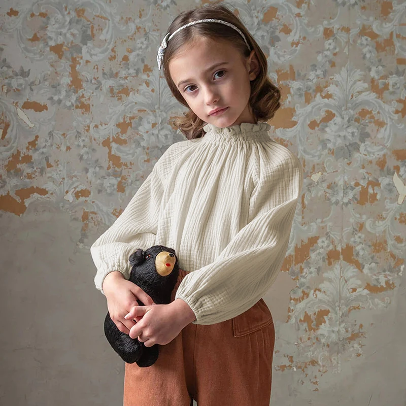 Kids Shirts 100% Cotton Double Gauze Skin-Friendly Girls' Blouse Autumn Casual Children's Shirts Pullover Long-Sleeved Blouses