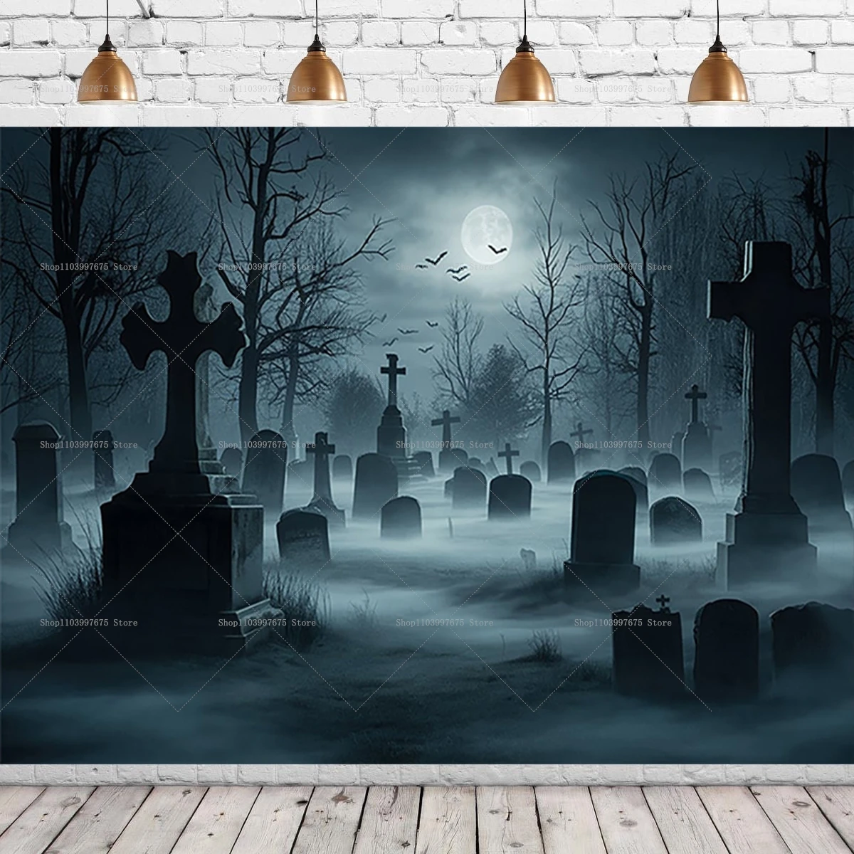 Halloween-Themenhintergrund, Nacht, Vollmond, düsterer Wald, schrecklicher Friedhof, Fotografie-Hintergrund, Halloween-Party-Dekoration, Banner – Detail 3