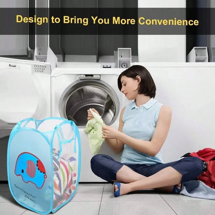 Cartoon Mesh Clothes Storage Basket Folding Pop-Up Dirty Clothes Laundry Hamper Kids Toys Bag Side Pocket
